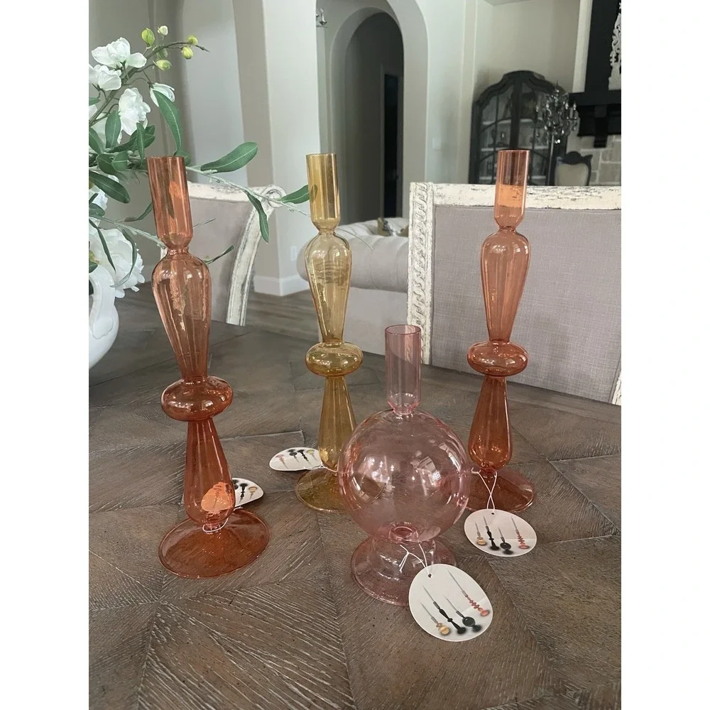 NWT Set of 4 Anthropologie Inspired Colored  Bubble Art Glass Taper Candlesticks
